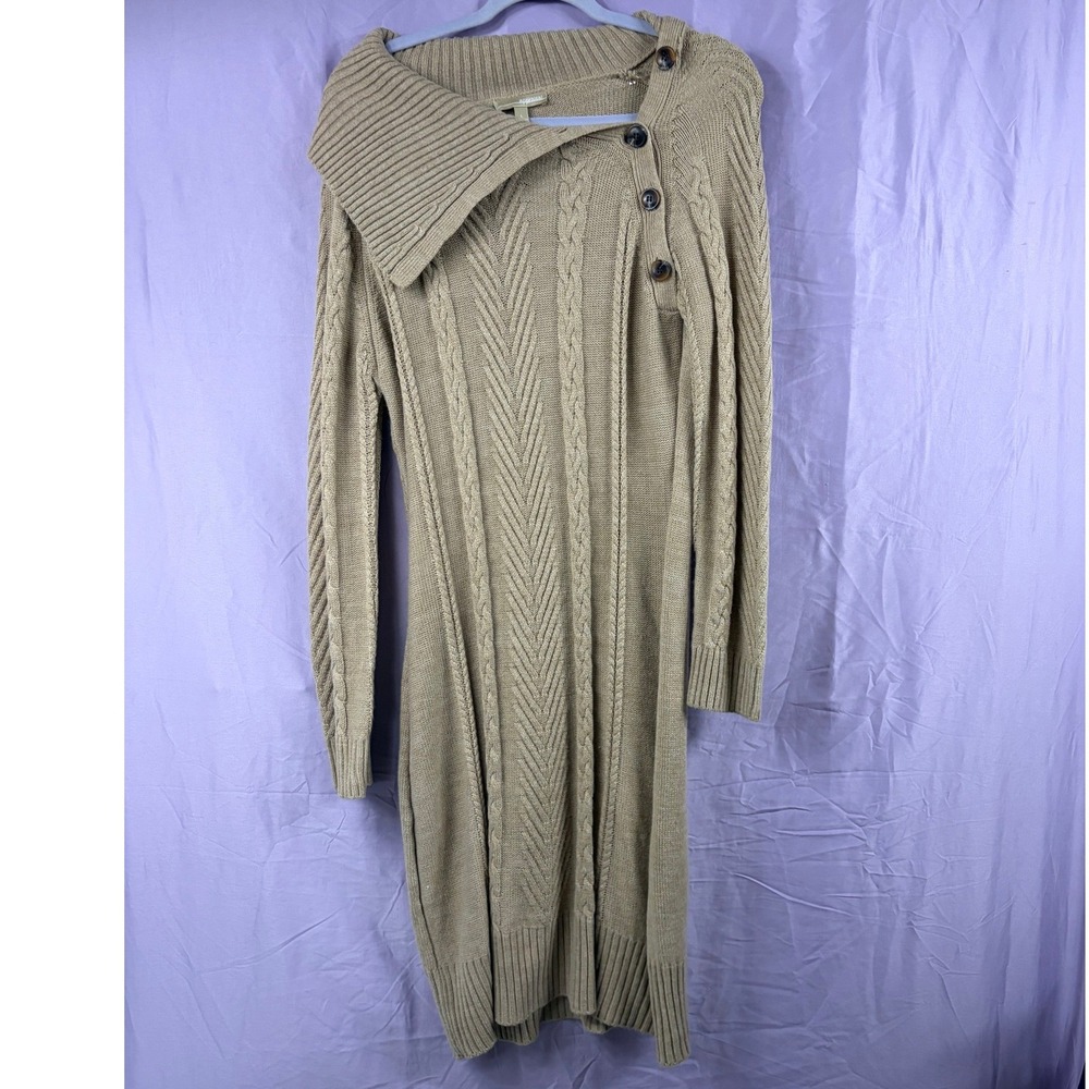 Appraisal Womens Tan Cable Knit Asymmetrical Button Collar Sweater Dress Large